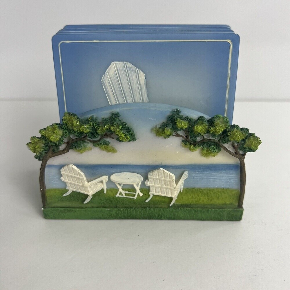 Handpainted Adirondack Chairs Ceramic Coaster Set with Holder Blue White